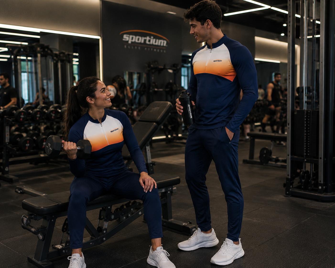Uniformes Sportium en gimnasio con prendas azul marino y degradado naranja