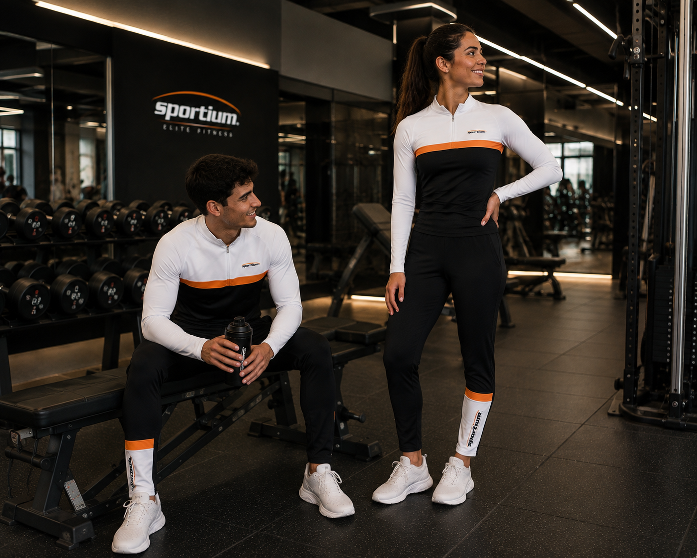 Uniformes Sportium en gimnasio con prendas blanco, negro y naranja